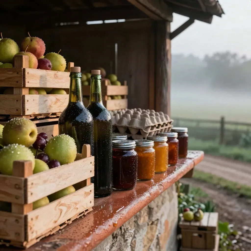Cassetta rustica con frutta, bottiglie d'olio, uova e conserve nel chiarore dell'alba