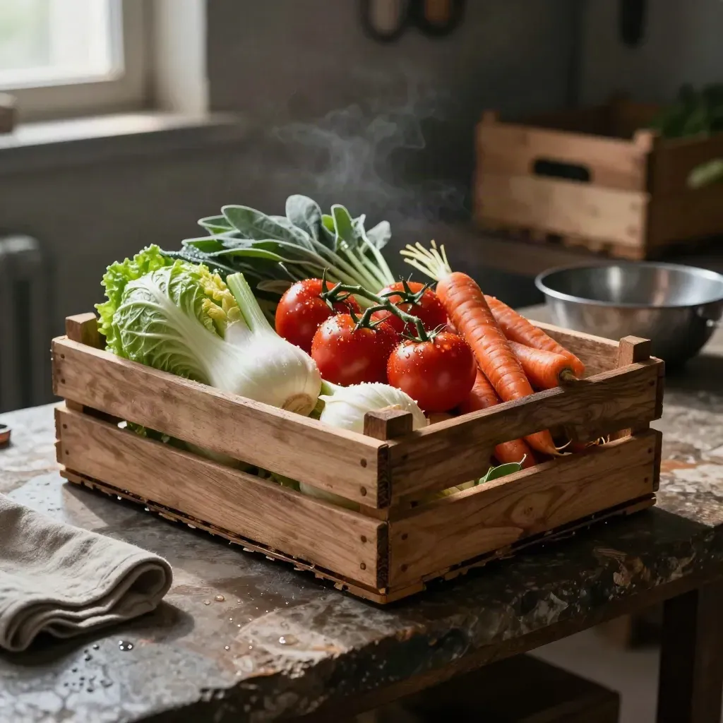 Cassetta di verdure biologiche con cicoria, pomodori, finocchi e carote in un magazzino rustico.
