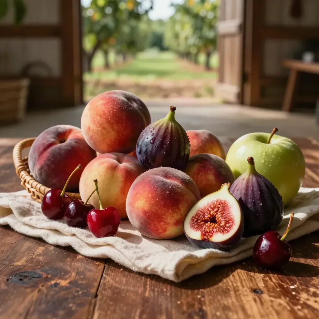 Cesto basso con pesche, ciliegie, fichi e mele su lino chiaro in luce calda.