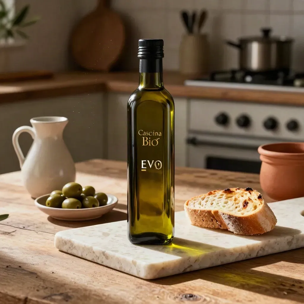 Bottiglia di olio EVO, oliera in ceramica, olive e pane su lastra di pietra, luce calda.