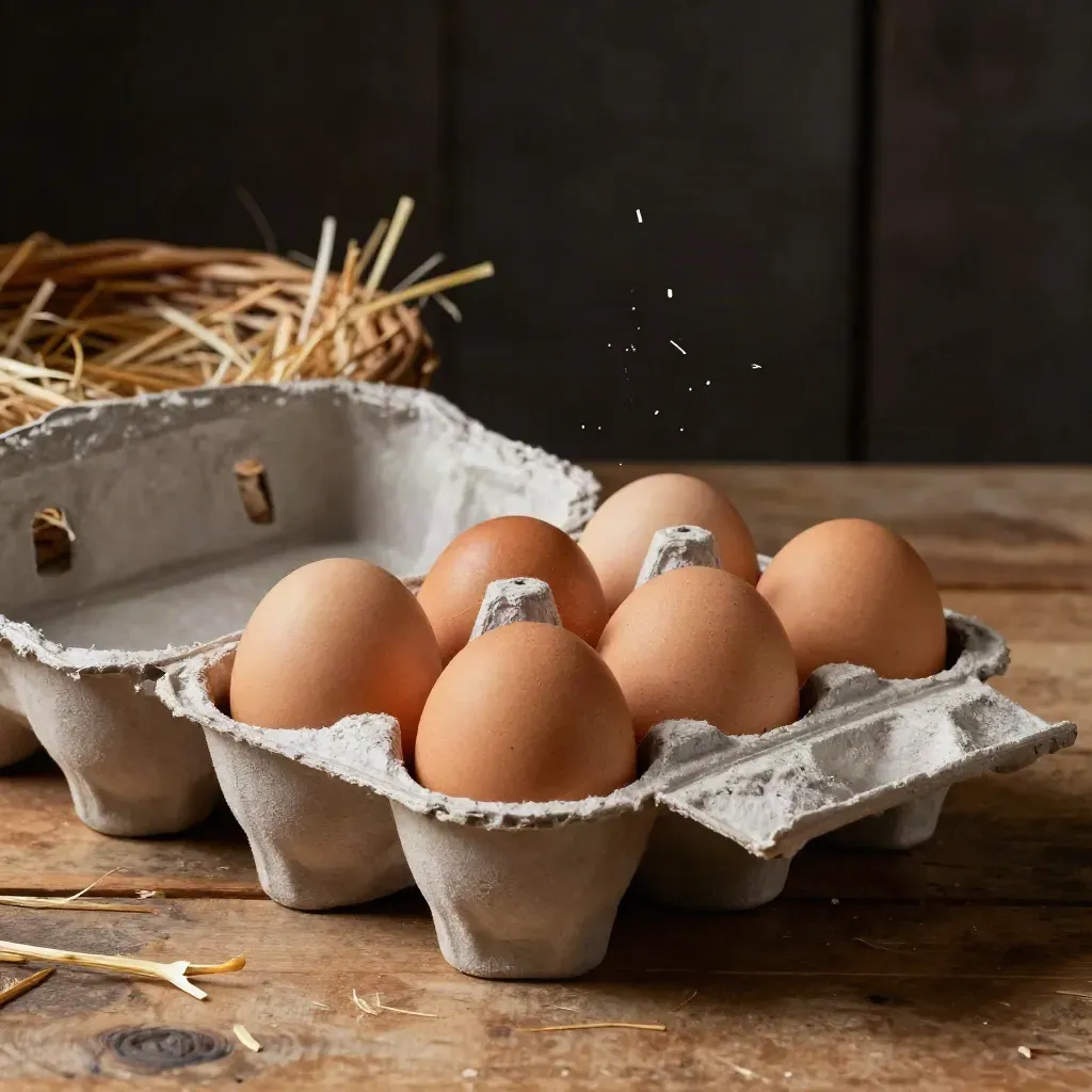 Cartone di uova bio aperto con sei uova marroni e paglia, su legno scuro in luce radente.