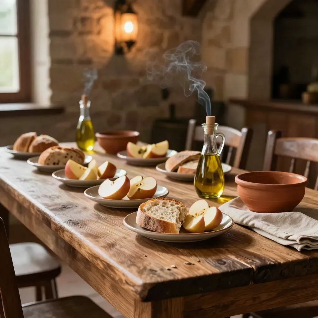 Tavolo rustico per assaggi con piattini, pane, olio e mele in cascina.