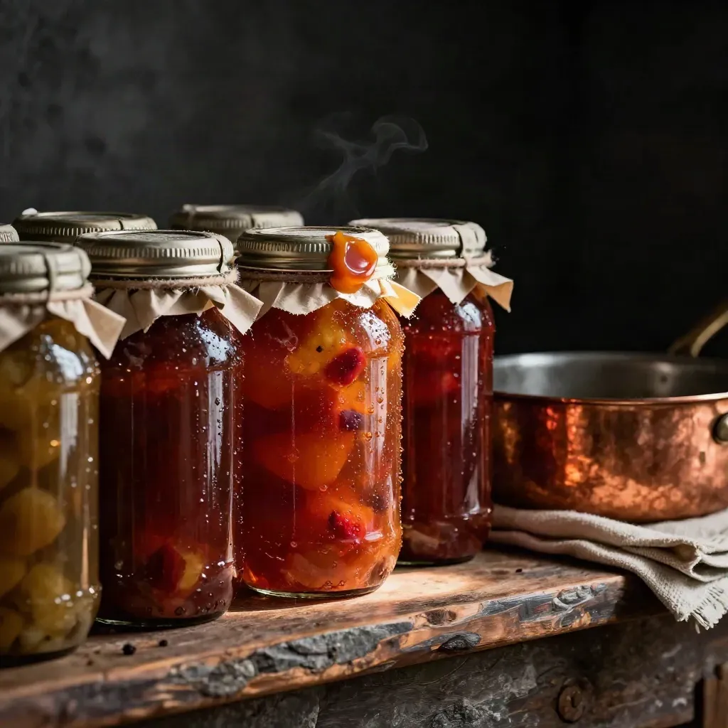 Conserve, passata e composte su mensola rustica, illuminate da un fascio drammatico.