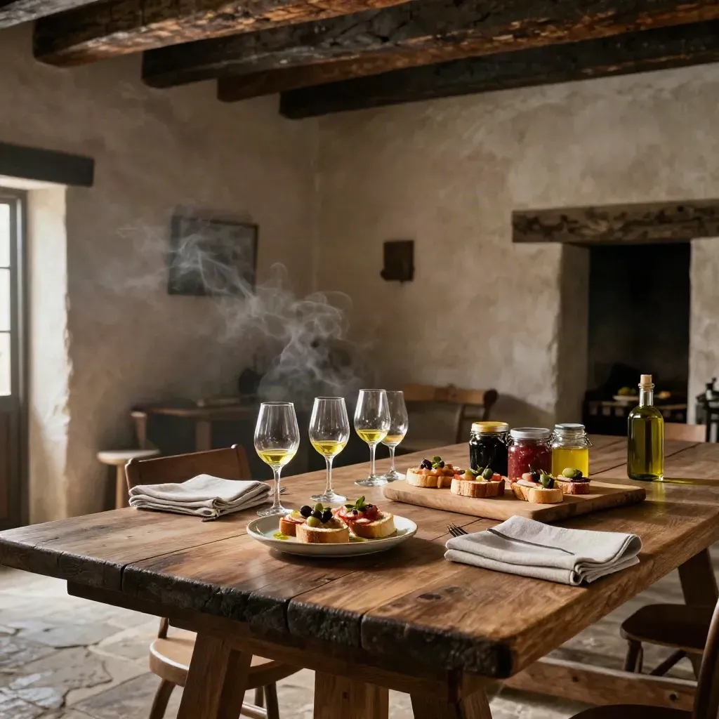 Sala degustazione rustica con pane, bicchieri e vasetti su tavolo di legno, luce radente.