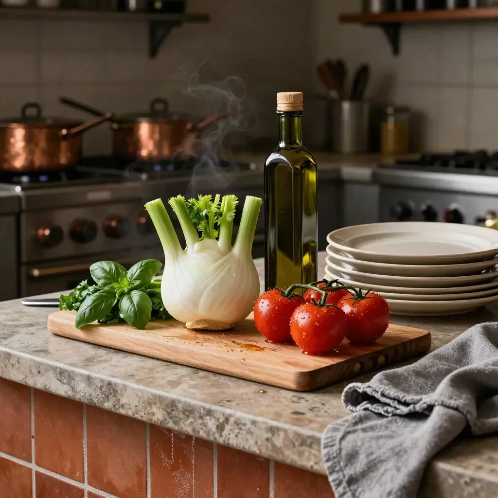 Banco cucina rustico con finocchi, pomodori, erbe, olio e piatti impilati.