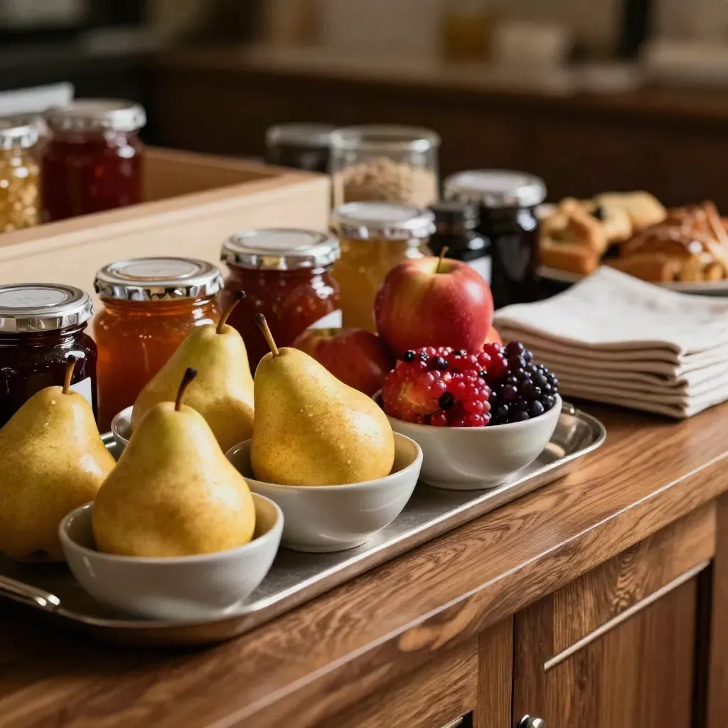 Sideboard per colazioni con pere, mele, frutti di bosco e vasetti di marmellata in luce calda.