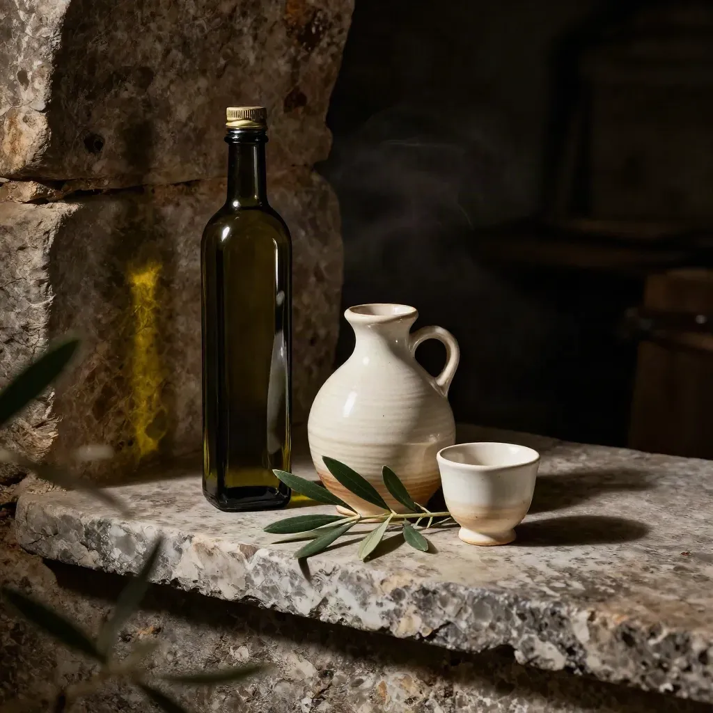 Bottiglia d’olio, oliere, coppetta e foglie di ulivo in una cantina buia