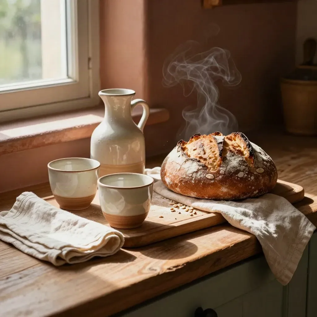 Vassoio rustico di benvenuto con tazze artigianali, caraffa e pane alla finestra.