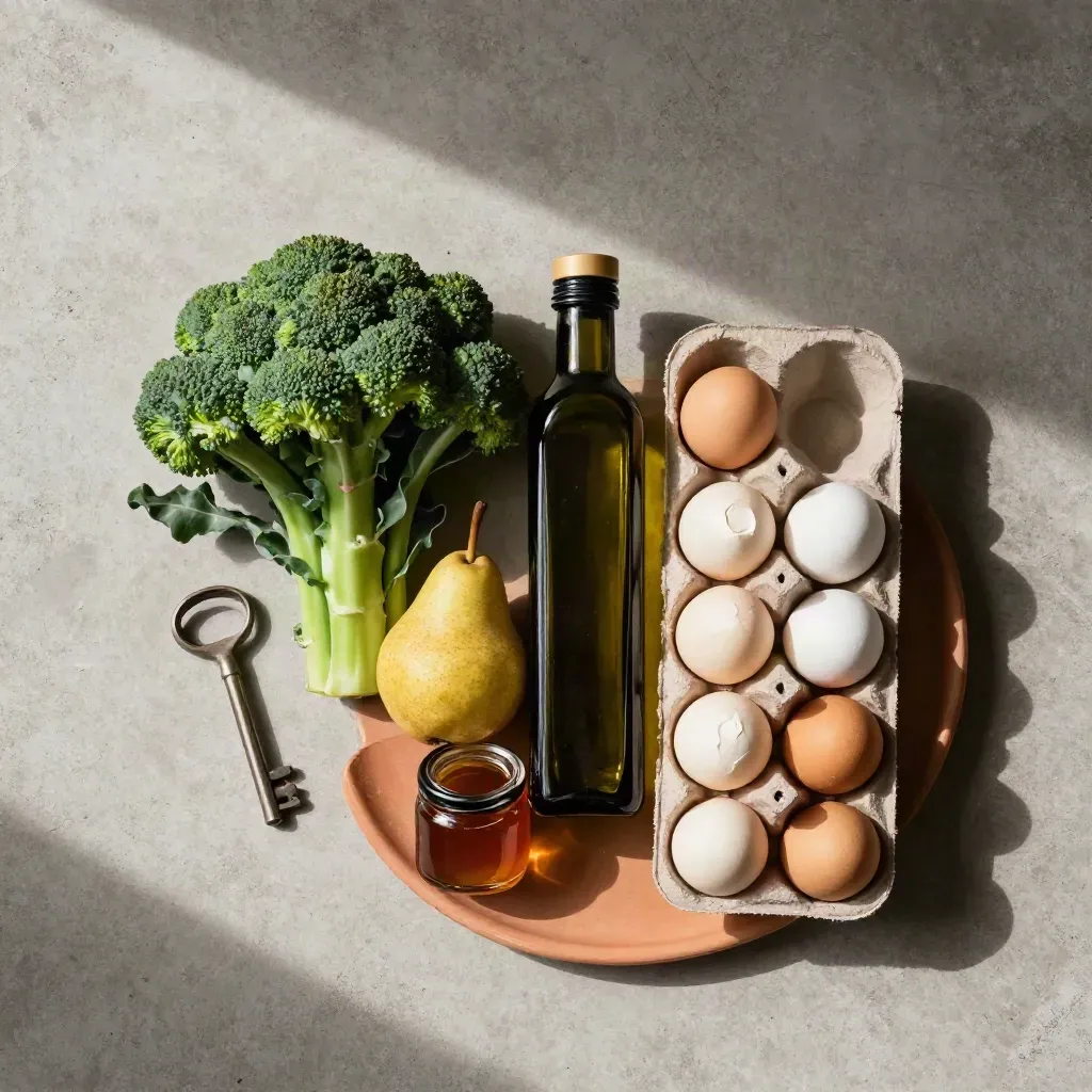 Flatlay dall’alto con verdure, pera, olio, uova e conserve su cemento chiaro.