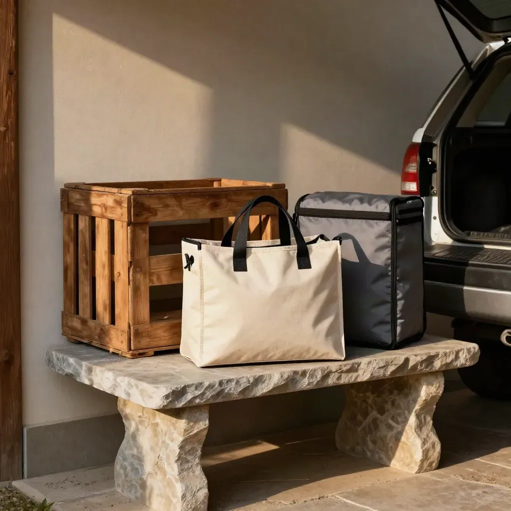 Tote, cassa in legno e borsa termica su banco in pietra, luce laterale calda.