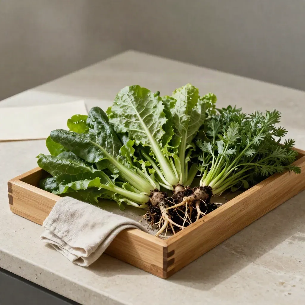 Cassette di raccolta con verdure fresche, erbe con radici e telo umido su pietra chiara