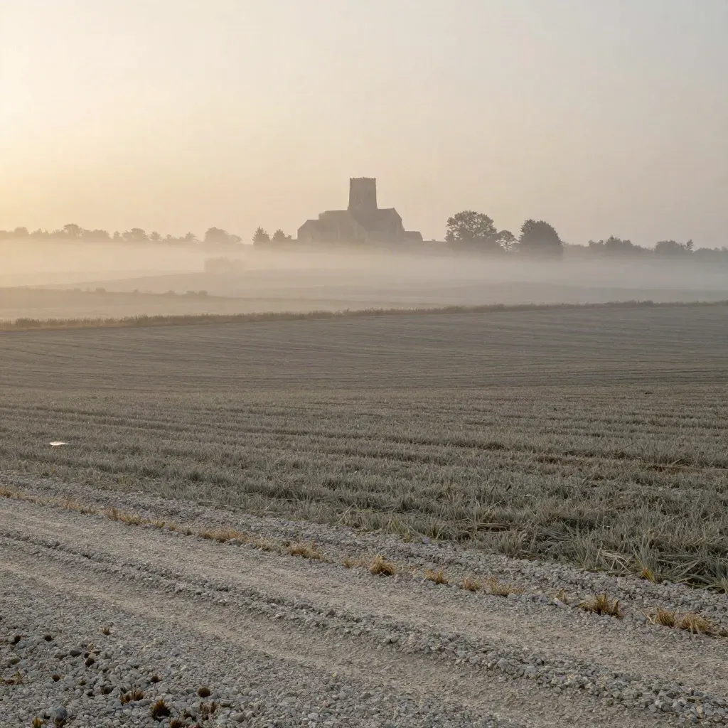 Campi lombardi nella nebbia con abbazia lontana all’alba