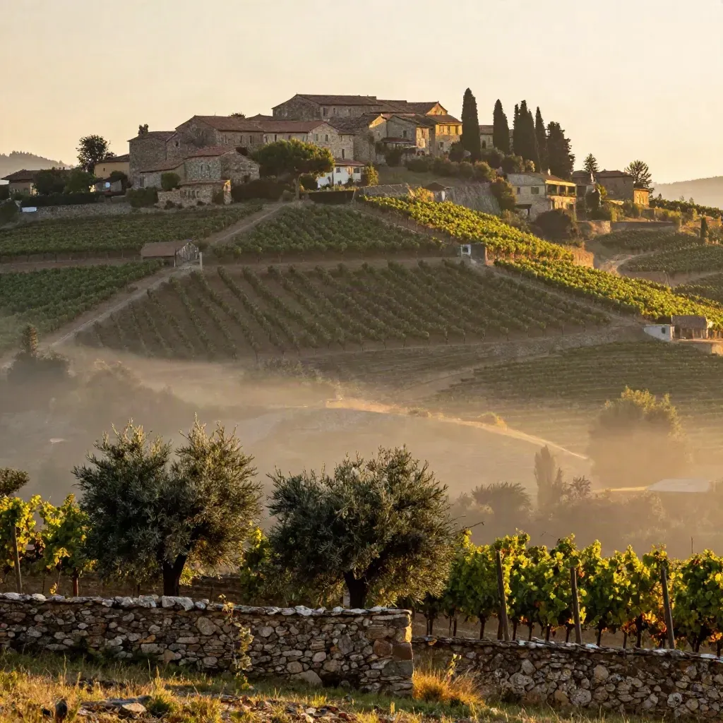 Vigneti piemontesi in collina con borgo in cresta e valle velata all’alba