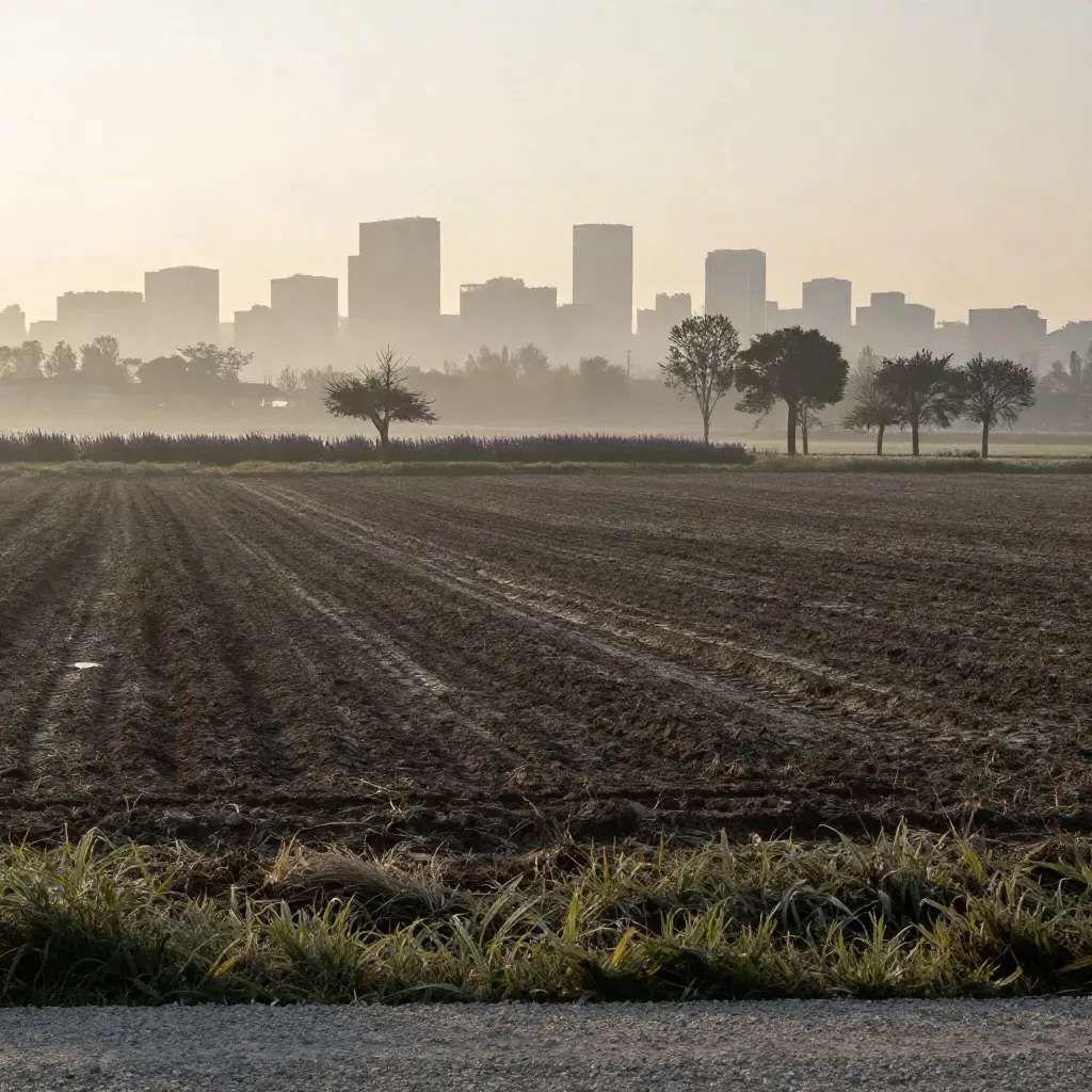 Linea di Milano velata dalla nebbia sopra campi e alberi al mattino