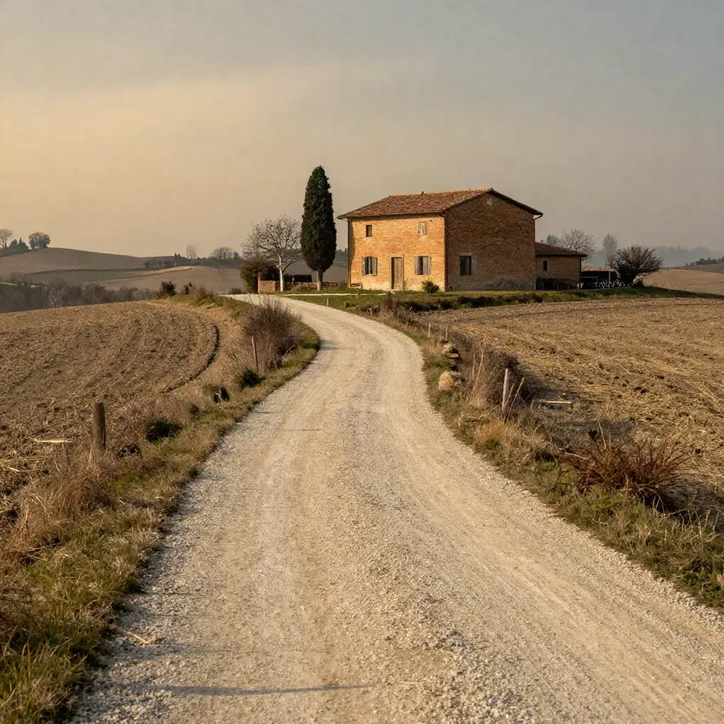 Strada rurale emiliana verso una cascina in mattoni e colline lontane nella foschia